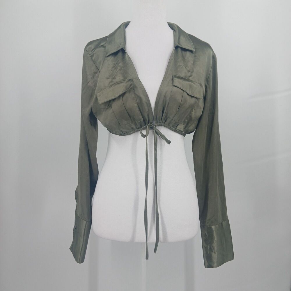 H&M Divided Satin Cropped Utility Top Blouse Womens S Olive Green Cargo Gorpcore